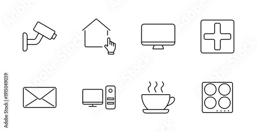 Home system set icon. Surveillance, house tap, monitor, plus, envelope, desktop, tea, stove.