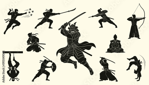 Japanese Samurai and Ninja Warrior Silhouettes Set