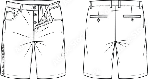 Men tailored shorts technical fashion illustration, front and back view, button fly casual garment flat sketch vector design