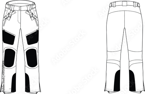 Men technical work pants fashion illustration, front and back view, protective cargo trousers flat sketch vector design