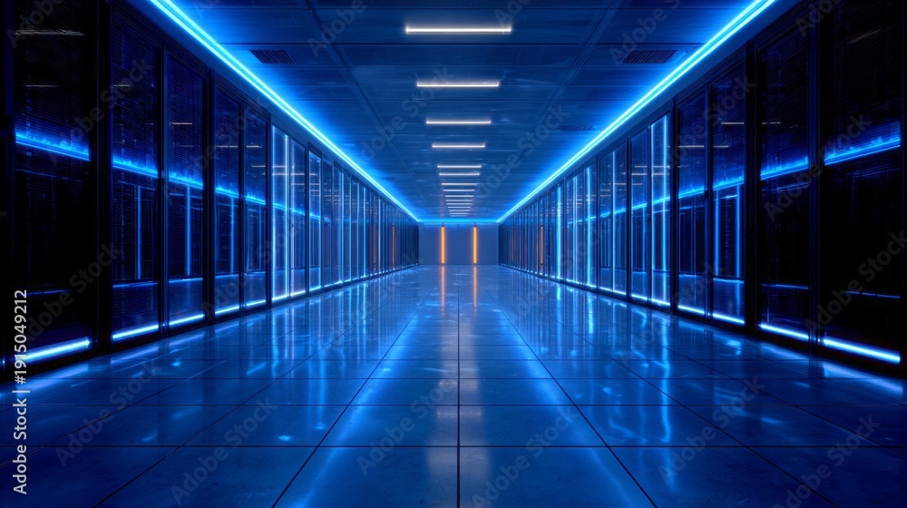 Fototapeta premium Futuristic Network Server Room with Blue LED Lighting