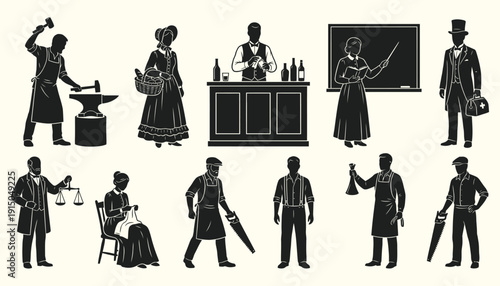 Vintage Professions Silhouettes Historical 19th Century Occupations Set