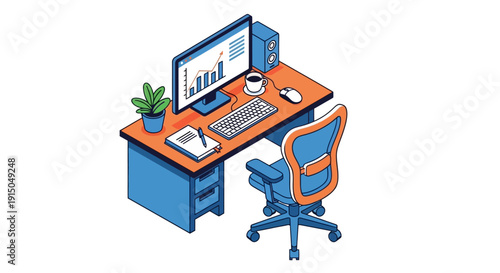 Isometric Home Office Setup with Computer and Chair.