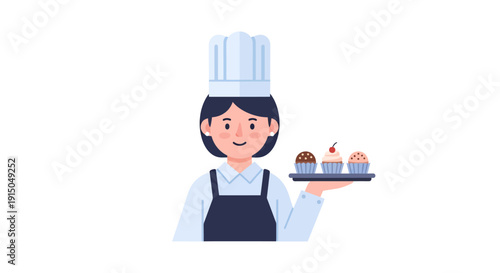 Friendly Female Chef Holding Cupcakes with Pastry Chef Hat