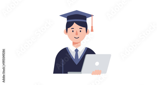 Graduate Student Wearing Cap and Gown with Laptop
