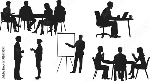 Silhouettes of people in various business and meeting scenarios with office furniture and equipment