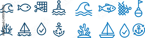 Eight distinct icons represent various nautical themes, including waves, fish, scissors, buoys, coral, sailboats, droplets, and recycling symbols, all on a clean background.