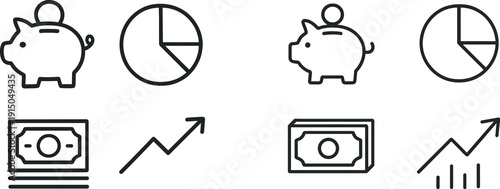 Various symbols related to finance are illustrated, featuring a piggy bank, pie chart, currency notes, and an upward trend arrow, representing savings and economic growth.
