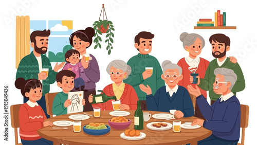 Large multi-generational family gathering for a festive meal.