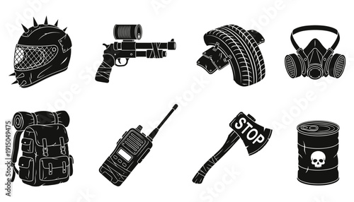 Post-Apocalyptic Survival Gear and Wasteland Equipment Icons Set