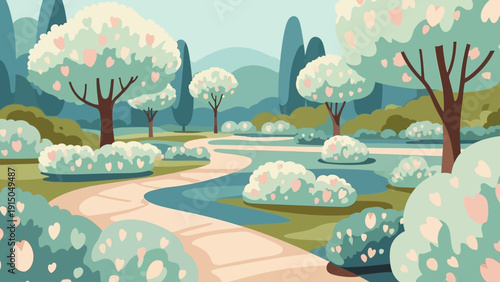 Lush green park with winding path and blooming white trees.