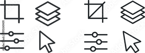 A collection of four icons illustrating key graphic design tools for image editing, including crop, layers, adjustment sliders, and a cursor, representing a digital editing environment.
