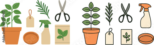 A collection of gardening supplies includes a potted plant, scissors, labels, a spray bottle, and a packet of seeds displayed on a white background.