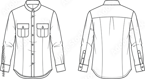 Men utility shirt technical fashion illustration, front and back view, long sleeve button down garment flat sketch vector design