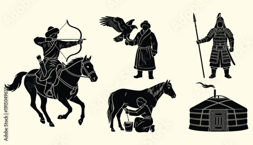 Traditional Mongolian Culture Silhouettes Mounted Archer, Falconer, and Yurt Icon Set