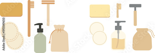 Various eco-friendly personal care items are laid out on a neutral background. The collection includes a soap bar, wooden toothbrush, bamboo utensils, and a reusable cotton round.