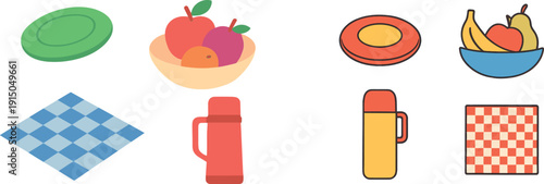 A picnic setting showcasing a green plate, a bowl of assorted fruits, a checkered blanket, and a red thermos. This cozy arrangement invites outdoor dining and relaxation.