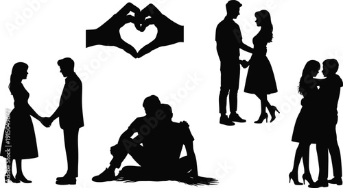 Silhouettes of people in various romantic and affectionate poses with a heart symbol