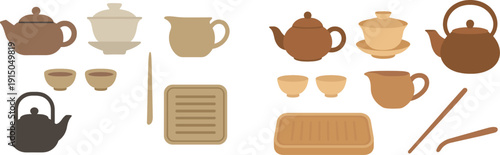 Various tea utensils including a teapot, cups, and a tea tray are artistically displayed on a clean white background, showcasing traditional tea culture.