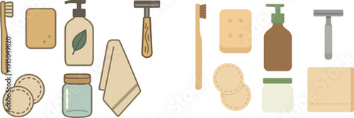 A collection of eco-friendly bathroom items displayed together, including a bamboo toothbrush, natural soap, a reusable razor, and a glass jar, promoting sustainable hygiene practices.