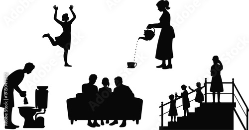 Silhouettes of people performing various daily activities in black and white