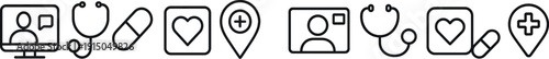 Illustration features five simple icons related to digital healthcare, highlighting telemedicine, medical tools, medication, health symbols, and geolocation. This reflects modern health practices.