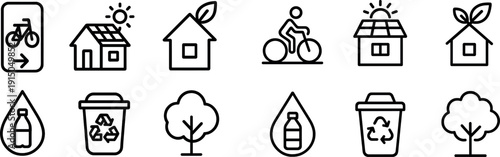 A collection of simple icons showcasing elements of sustainability, including biking, solar energy, recycling, and water conservation, promoting eco-friendly living.