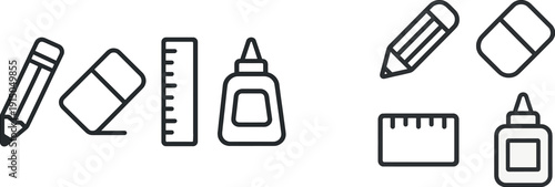 A pencil, eraser, ruler, and glue are neatly aligned on a white surface, ideal for students or professionals engaged in creative or academic tasks. Each item plays a key role in different projects.