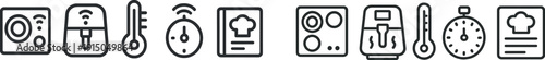 Icons represent essential kitchen tools including an air fryer, thermometer, timer, and recipe book. These devices enhance cooking efficiency and creativity in meal preparation.