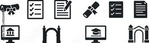 Various icons illustrate themes of education, including a diploma, checklist, document editing, and a computer symbolizing online learning.