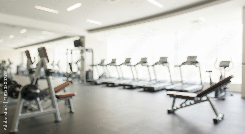 Fototapeta premium Ethereal Gym Scene with Defocused Workout Area Featuring Treadmills, Exercise Bikes, and Weights