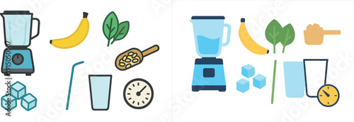 A blender sits in a vibrant kitchen with fresh ingredients like a banana, spinach, and ice cubes ready to blend into a nutritious smoothie for a healthy meal.