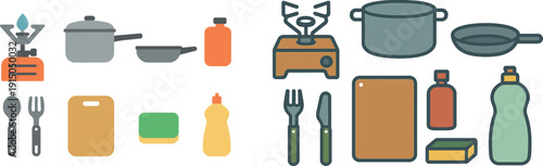 A collection of essential kitchen items laid out for outdoor cooking. Items include a camping stove, saucepan, frying pan, utensils, cutting board, sponge, and dish soap.