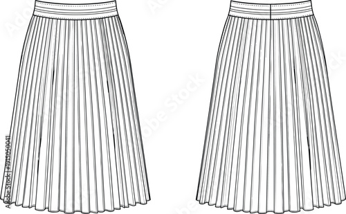 Pleated midi skirt technical fashion flat sketch front and back view womenswear casual apparel illustration vector outline