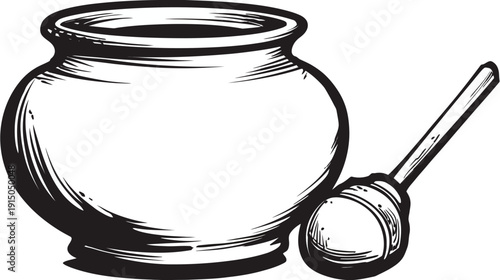 A simple, black-and-white illustration of a round jar next to a wooden honey dipper