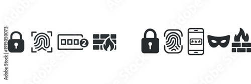 Four symbols representing crucial aspects of digital security are displayed. These include a lock, fingerprint, password box, and firewall, illustrating various protection mechanisms.