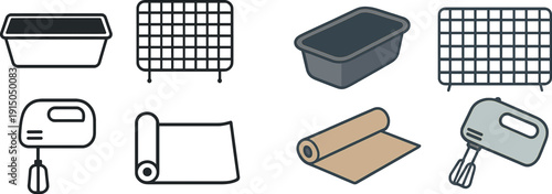 A collection of kitchen and home items is displayed, featuring a mixing bowl, a wire grid rack, an electric mixer, and a rolled cloth. These essentials are ideal for various tasks.