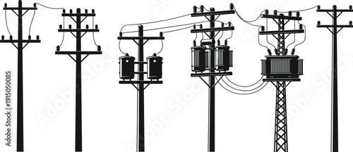 Electric power lines silhouette, utility poles with hanging wires, energy infrastructure illustration, electrical grid system, high voltage cable connection, industrial vector, city power supply.