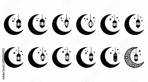 Crescent Moon Lantern Icons Vector | Islamic Art, Ramadan, Eid, Stars, Decorative Pattern, Festival Symbol, Night Sky, Spiritual Design, Cultural Ornament, Religious Celebration Pack