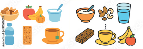 Various healthy snack options are displayed, featuring a bowl of mixed nuts, fruits like apples and bananas, yogurt, a water bottle, a cereal bar, and a cup of tea.