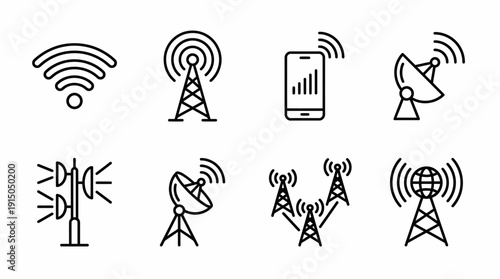 Wireless Communication Signal Icons Vector | Wi-Fi, Radio Tower, Satellite Dish, Antenna, Broadcasting, Connectivity, Network Transmission, Telecommunication Infrastructure, Digital Signal, Technology