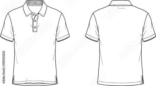 Polo shirt technical fashion illustration, front and back view, vector line drawing, short sleeve menswear top, flat sketch, garment template