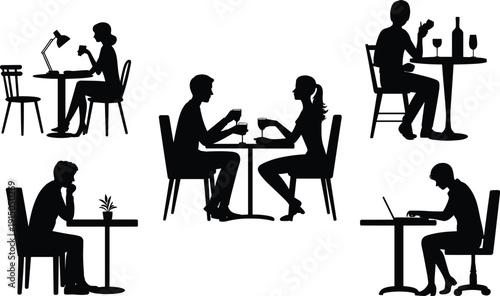 Silhouettes of people sitting at tables in various activities such as working on laptops and drinking
