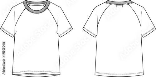 Raglan sleeve t shirt technical fashion illustration, front and back view, vector line drawing, casual menswear top, flat sketch, garment template