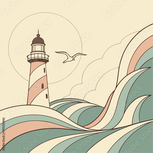 An old white lighthouse tower stands as a historic stone beacon on a rocky island coast, serving as a safety landmark for navigation across the blue sea and ocean landscape