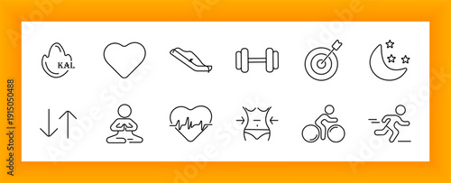 Fitness goals set icon. Dumbbell, cycling, running, yoga, heart rate, weight loss, sleep, hand grip, arrow symbols, flame with kcal, and target for active lifestyle.