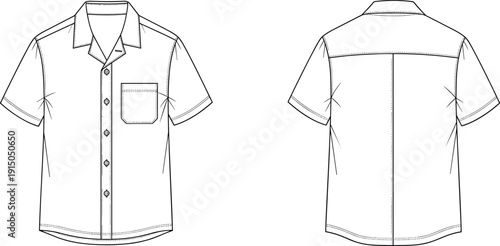 Short sleeve button down shirt technical fashion flat sketch front and back view casual menswear apparel illustration vector outline