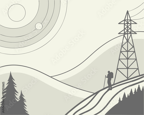 Journeying the Elements: A silhouette of a solitary hiker navigates a serene, stylized landscape, their path leading towards a towering electrical pylon, under the gaze of a symbolic celestial body. 