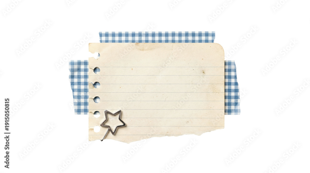 Fototapeta premium A torn vintage lined notebook note layered with blue gingham tape and a metal star paperclip, on a transparent background with clean copy space for messages and mockups