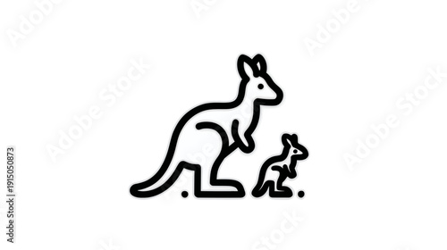 Stylized black and white outline of an adult and baby kangaroo standing together. White background